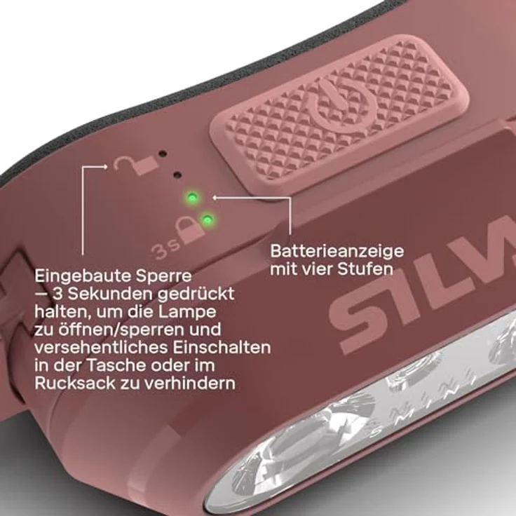 Silva Smini Fly, LED Stirnlampe wiederaufladbar mit 250 Lumen, Rotlichtfunktion, 3 Helligkeitsstufen, IPX5 wasserdicht, USB-C, 38 Gramm, Batterieanzeige – Bild 3