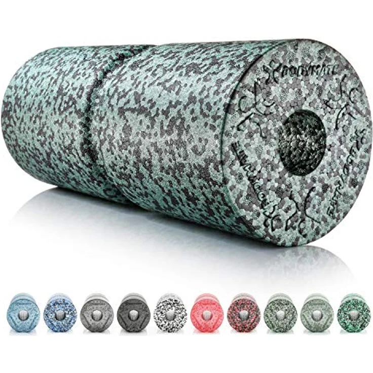 BODYMATE Faszienrolle CARE, mittel-hart mit umlaufender Rille zur Wirbelsäulen-Entlastung und E-Book, Schwarz/Midnight-Green, 35x14cm – Bild 1