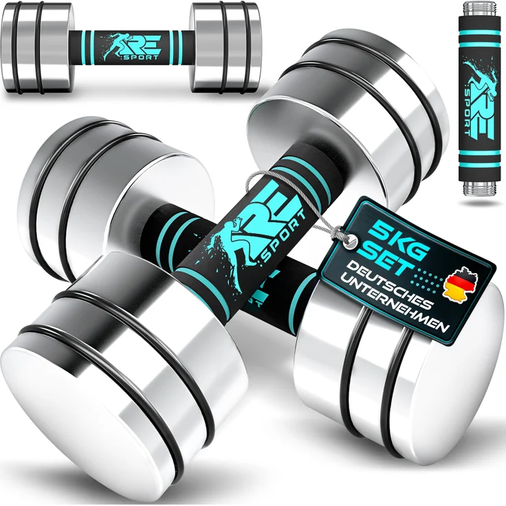 RE:SPORT® 2er Hanteln Set aus massivem Stahl, Türkis, 2 x 5 kg, ergonomischer Schaumstoffgriff, ideal für Home Gym und Muskelaufbau