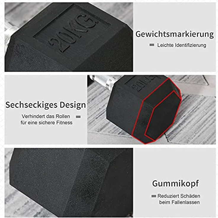 HOMCOM Hexagon Kurzhantel Gusseisen Hantel Gummi-Hantel Griff gerändelt Gewichte Metall Gummi schwarz 1 x 20 KG – Bild 4