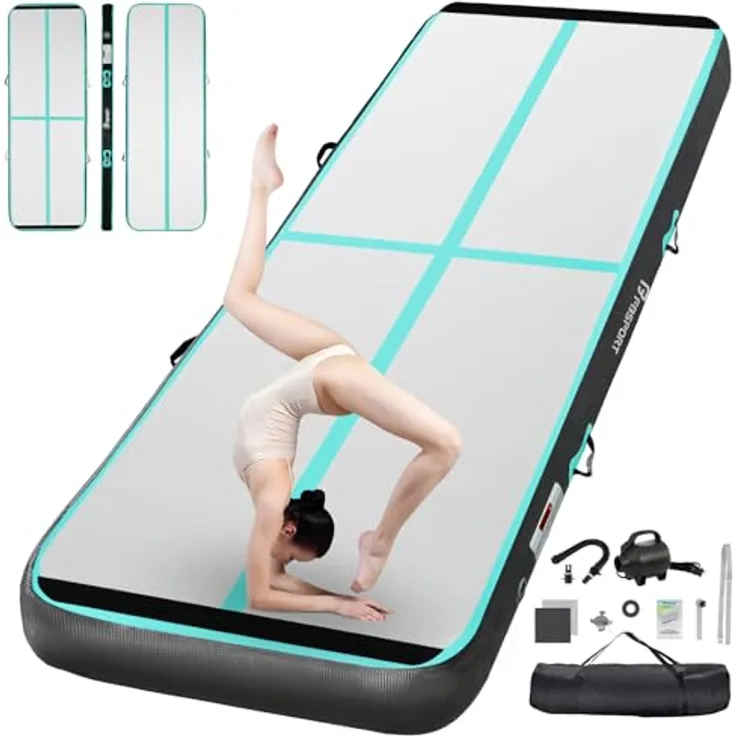FBSPORT Airtrack Matte 20cm dick, 4M aufblasbare Tumbling Matte mit Luftpumpe und Tragetasche, ideal für Gymnastik, Yoga und Outdoor-Aktivitäten