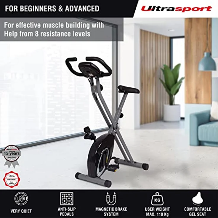 Ultrasport F-Bike, F-Rider Basics, Fahrradtrainer, Fitnessfahrrad LCD Trainingscomputer, Klappbarer Hometrainer, Max. Benutzergwicht 110 kg, Pulsmessung, 8 Widerstandsstufen, Trimmrad, Schwarz/Silber – Bild 4