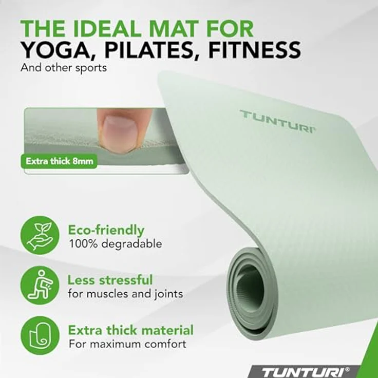 Tunturi Dicke Yogamatte 8mm - Rutschfest Gymnastikmatte - Mit Tragegurt - Für Yoga und Pilates - Sportmatte 183x61x0,8cm -Schadstofffrij - Besonders komfortabel - Mint – Bild 2