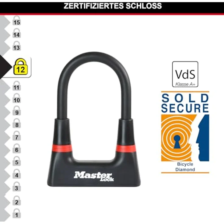 Master Lock Bügelschloss 8278EURDPRO, zertifiziertes Schlüsselschloss für Fahrräder, Schwarz, maximale Sicherheit mit gehärtetem Stahl und 4 Schlüsseln – Bild 3