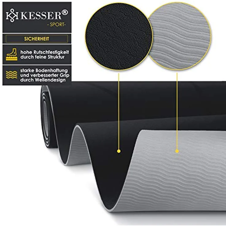 KESSER® Gymnastikmatte mit Tragegurt rutschfest TPE Yogamatte Gepolstert & rutschfest Fitnessmatte, 183 x 61 Trainingsmatte für Fitness Sportmatte, Pilates & Gymnastik Workout extradick (Schwarz) – Bild 4