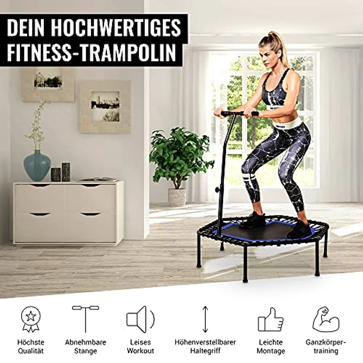 GORILLA SPORTS Fitness Trampolin - 6-Fach Höhenverstellbarer Haltegriff, Leise Gummiseilfederung, 77cm Sprungfläche, bis 100kg Belastbar, Farbwahl – Bild 3