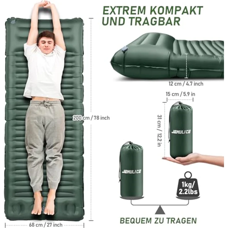 JEMULICE Isomatte Camping, 12CM Ultradicke Luftmatratze mit Fußpumpe, ultraleicht und wasserdicht, kompaktes Packmaß - Armeegrün – Bild 3