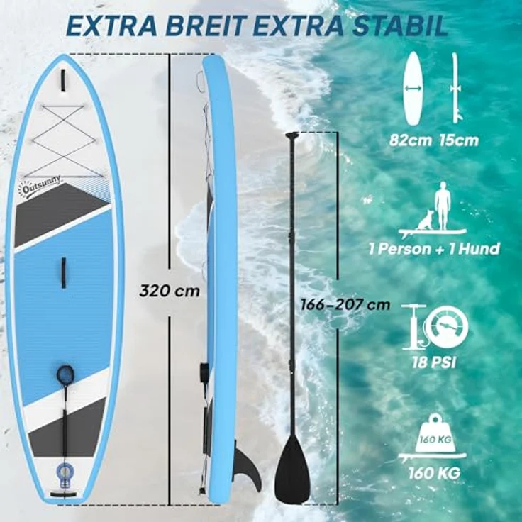 sportnow Outsunny Stand Up Paddling Board Set, aufblasbar 320 cm, blau, mit Paddel und max. Tragkraft 160 kg, ideal für Anfänger und Familien – Bild 7
