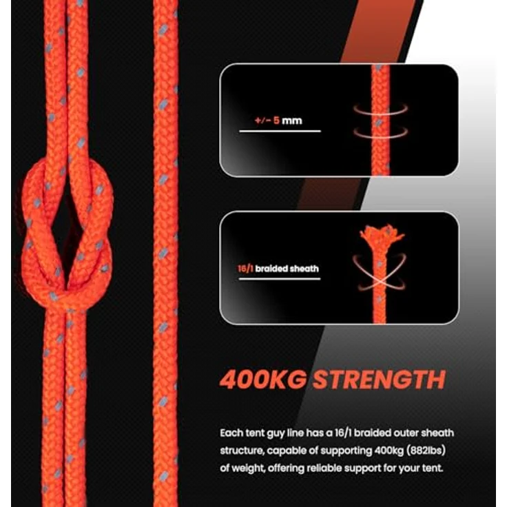Abma Cord Zelt-Abspannseile mit 6 Seilspannern, 30m lang, 5mm Durchmesser, reflektierend, neon orange, hohe Abriebsfestigkeit, 400 kg Bruchlast – Bild 2
