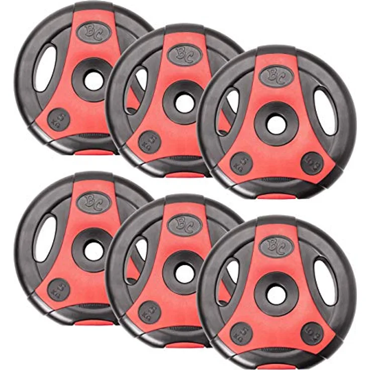 Bad Company K-Grip Hantelscheiben mit Griffen I Kunststoff ummantelte Gewichte 30/31 mm I 6 x 5 kg (schwarz/rot)