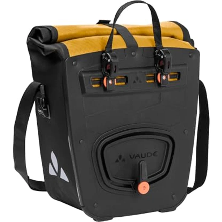 VAUDE Aqua Front (Rec), wasserdichte Fahrradtasche mit 2 Vorderradtaschen (2x14L), geräumiges Hauptfach, abnehmbarer Schultergurt, in gelb – Bild 2