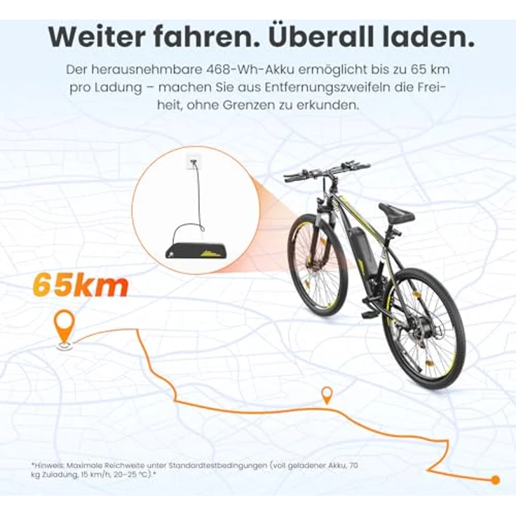 Touroll Foride Vedal 1 E-Bike, 26 Zoll, 250W, 468Wh, Shimano 21-Gang, 65 km Reichweite, IPX4, Schwarz – Bild 3