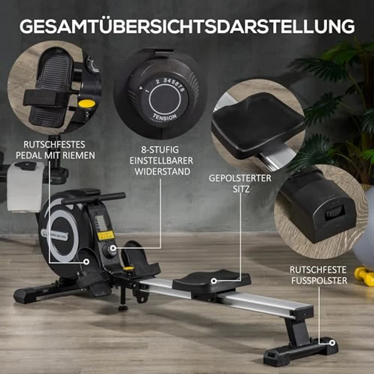 HOMCOM Rudergerät für Zuhause, Klappbar Rudermaschine mit 8 Stufen Magnetbremssystem, LCD-Anzeige, Alu, Schwarz – Bild 3