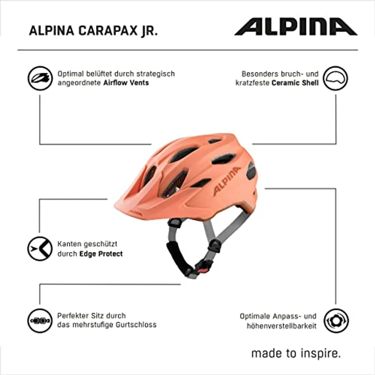 Alpina Junior Carapax Peach Matt, Größe 51 - 56 cm - Fahrradhelm, Farbe Orange – Bild 7