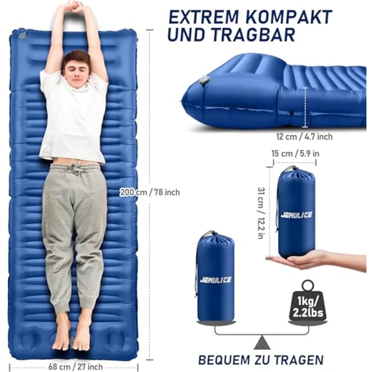 JEMULICE Isomatte Camping, 12CM Ultraleichte aufblasbare Matratze mit Fußpumpe, Wasserdicht und kompakt, für Wandern und Zelt - Blau – Bild 3