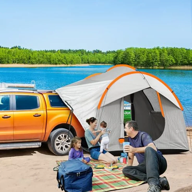 Outsunny Heckzelt Auto Autozelt für 6 Personen, Kuppelzelt mit 3 Tür, Fenster, Heckklappenzelt für Wohnwagen, SUV, Polyester, Hellgrau – Bild 2