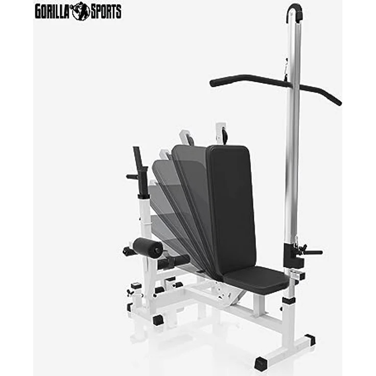 GORILLA SPORTS® Kraftstation Universal - Trainingsbank mit Latzugturm, Butterfly, Beincurler, Weiss – Bild 9