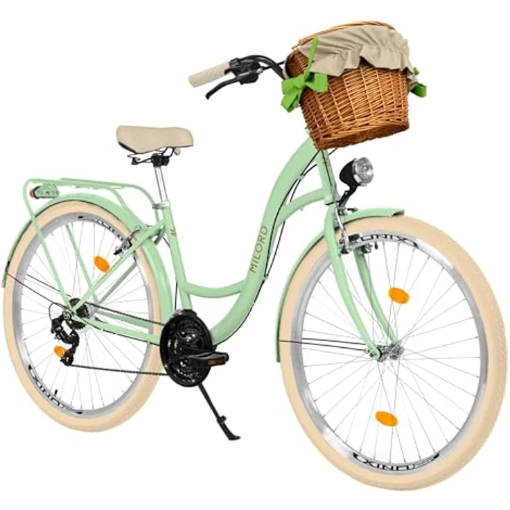 MILORD Damenfahrrad Citybike Komfort mit 21-Gang-Schaltung, 26 Zoll, Weidenkorb, Grün-Creme – Bild 1