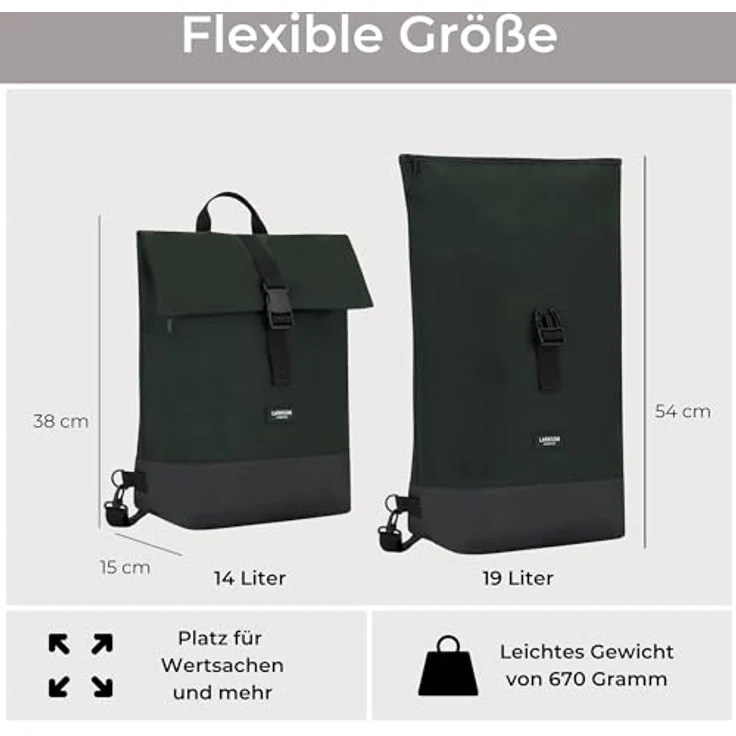 LARKSON Tammo Bike Fahrradtaschen für Gepäckträger, 2-in-1 Rucksack & Gepäckträgertasche, Dunkelgrün, wasserabweisend, 14-19 Liter Volumen, gepolstertes Laptopfach bis 15.6 Zoll – Bild 5