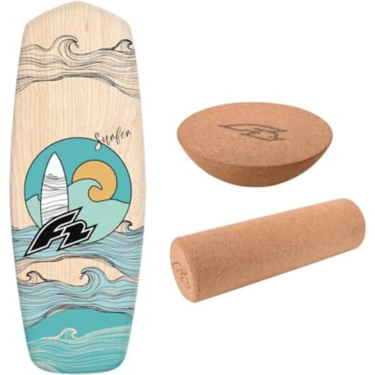 F2 Set Balance Board Tompstone 74x27cm, Halbkugel und Korkrolle, rutschfeste Oberfläche aus FSC-zertifiziertem Holz, flexibel – Bild 1