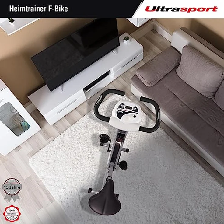 Ultrasport F-Bike, F-Rider Basics, Fahrradtrainer, Fitnessfahrrad LCD Trainingscomputer, Klappbarer Hometrainer, Max. Benutzergwicht 110 kg, Pulsmessung, 8 Widerstandsstufen, Trimmrad, Weiß/Silber – Bild 2