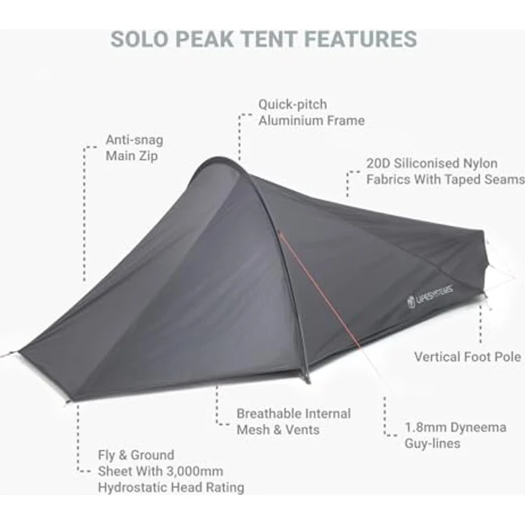 Lifesystems Solo Peak Ultraleichtzelt, 3000 mm HH, Ganzjahreszelt für 1 Person, Schnellaufbau, ideal für Fastpacking und Wildcamping, Gew. 1 kg, Packmaß 32 x 15 x 12 cm – Bild 4
