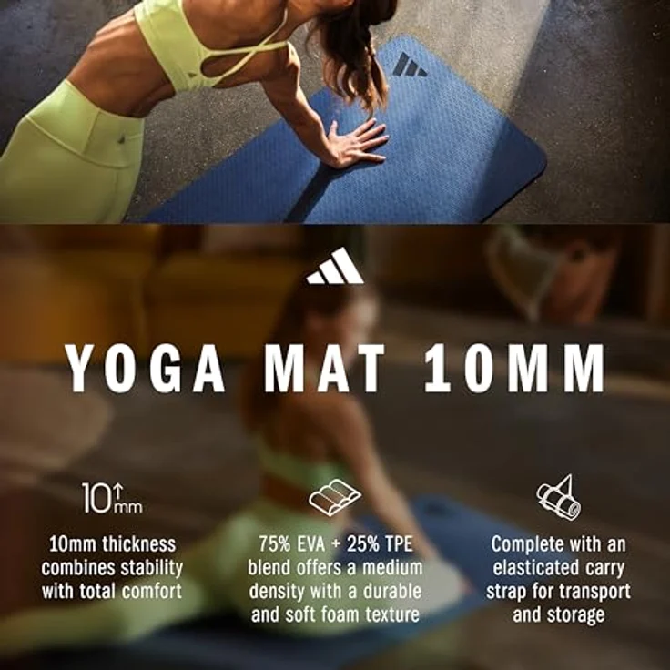 adidas Yogamatte, 10 mm, komfortable Mischung aus 75 % EVA und 25 % TPE, staubreaktive Oberfläche, 50 % recycelte Materialien, inkl. Tragegurt – Bild 3