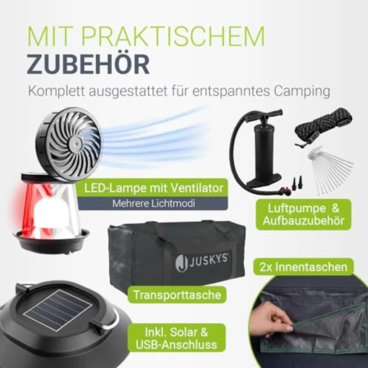 JUSKYS® EasyFlow M, Aufblasbares Camping Zelt für 3 Personen mit Vordach, wasserdicht, UV-Schutz LSF 50, inklusive LED-Lampe & Zubehör – Bild 4