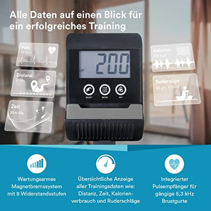 Skandika Rudergerät Venn, Ruderergometer, Tablet-Halterung, Rower mit Multifunktionscomputer, 8 Stufen Widerstandsverstellung, wartungsarm (grau) – Bild 3