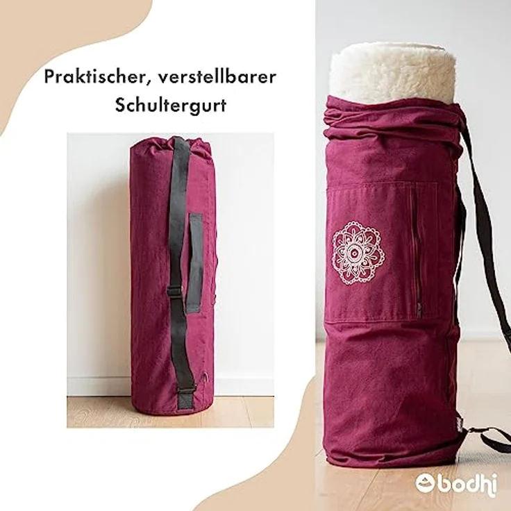Bodhi SURYA BAG COTTON | Yogatasche groß für Schurwollmatten & Yogamatten | Tasche aus 100% Baumwolle im XL-Format | Sporttasche mit Mandala Design | aubergine – Bild 4