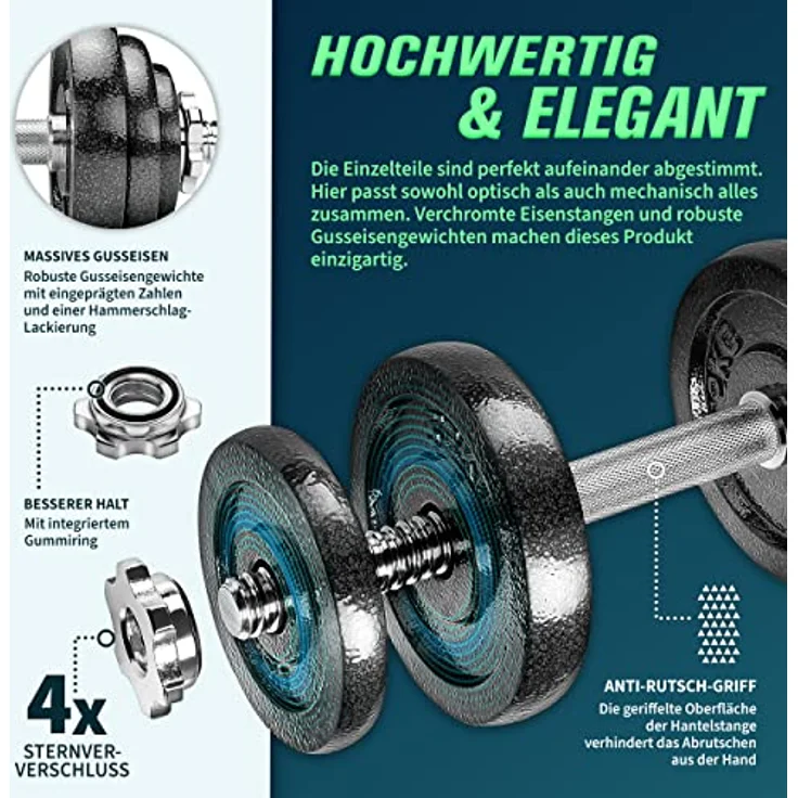 RE:SPORT 2 in 1 Hanteln Set 15 Kilogramm | Hantelset Gusseisen verstellbar | Kurzhantel & Langhantel | Sternverschlüsse & Verbindungsrohr – Bild 3