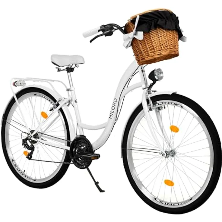 MILORD Damenfahrrad Citybike Komfort, 26 Zoll, 21-Gang-Antrieb, Weidenkorb, Weiß – Bild 1