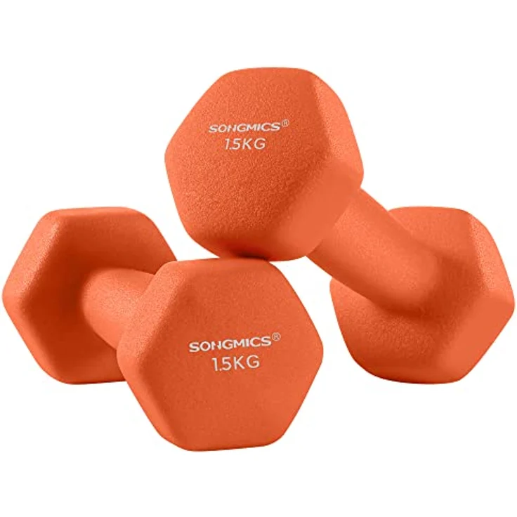 SONGMICS Hanteln 2er Set, 2 x 1,5 kg, mit matter Beschichtung aus Neopren, rutschfest, Krafttraining, zu Hause, orange SYL63OG – Bild 1