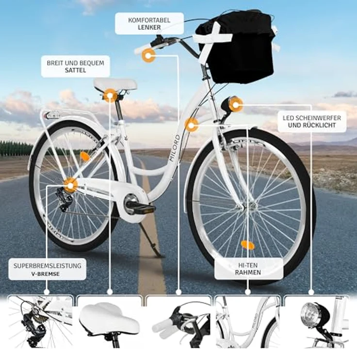 Milordbikes City-Fahrrad, Weiß, 46 cm mit Aluminiumfelgen und leicht rollenden City-Reifen – Bild 2