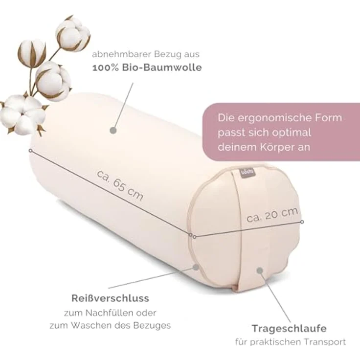 Bodhi | Yoga Bolster ECO | 100% Bio-Baumwolle | Yogarolle mit Bio Dinkelfüllung | Waschbarer Bezug | Yogakissen rund für Restoratives Yoga Übungen | Groß ca. 65 x 20 cm | Natur – Bild 2