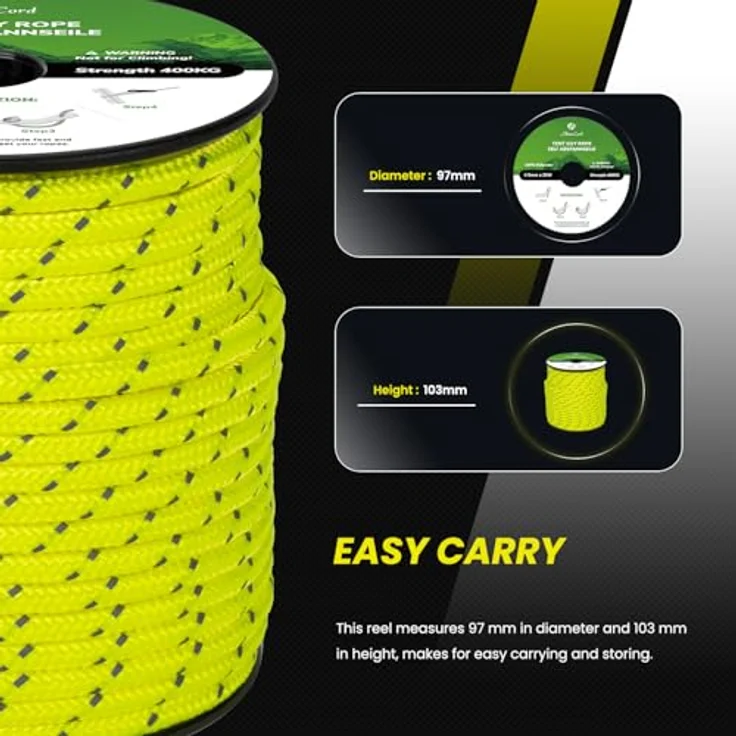 Abma Cord Abspannseile Zeltschnur, 30M elastisches Zeltseil mit 6 Seilspannern, 5mm Durchmesser, reflektierende Neon Gelb, 400 kg Bruchlast, UV-beständig für Camping und Outdoor – Bild 4