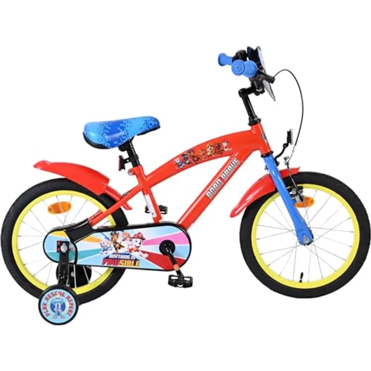 Volare Paw Patrol Kinderfahrrad, 16 Zoll für Jungen, Rot Blau, mit Handbremse, abnehmbaren Stützrädern und höhenverstellbarem Sattel