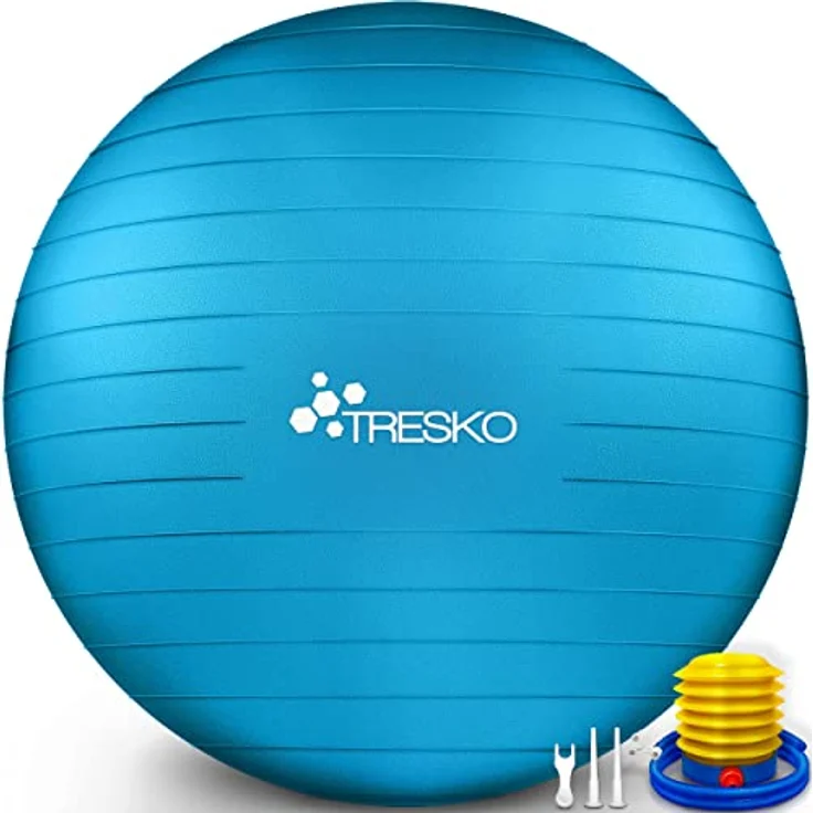 TRESKO Gymnastikball mit GRATIS Übungsposter inkl. Luftpumpe - Yogaball BPA-Frei | Sitzball Büro | Anti-Burst | 300 kg,Blau,85cm (für Körpergröße über 185cm) – Bild 1