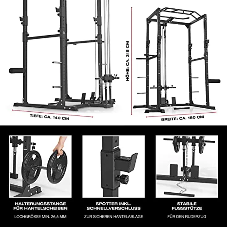 FitEngine Power Rack | Power Cage mit Latzug, Kabelzug, Dip-Station + Klimmzugstange | Variabel einstellbare Spotter für Langhantel – Bild 3