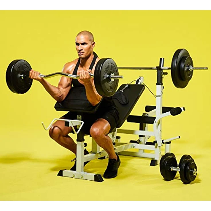 GORILLA SPORTS Kraftstation inkl. Hantelset 100kg, Latzug, Weiß/Schwarz - Multifunktion Hantelbank – Bild 2