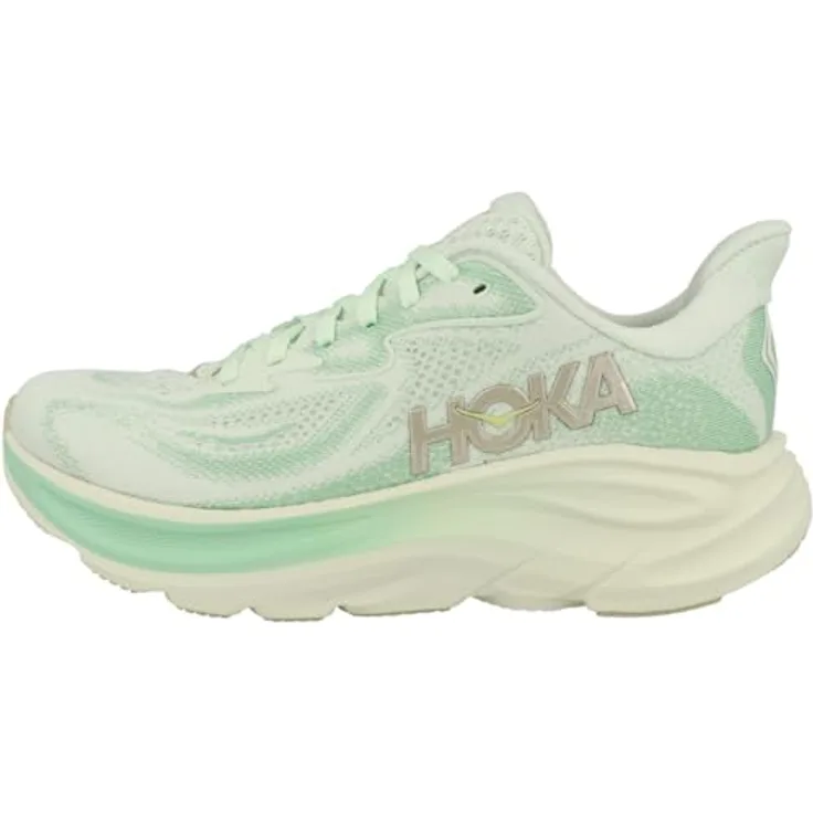 Hoka Clifton 10, Damen Laufschuhe, optimale Dämpfung, atmungsaktives Jacquard-Obermaterial, Farbe Grün, Größe 37 1/3