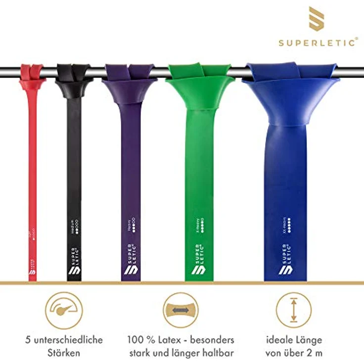 SUPERLETIC Powerbands, Widerstands-Fitness-Bänder für Pullup und Resistance-Training, 3er Set (Rot, Schwarz, Lila) mit Workout-Guide, 5 Stärken, robust und langlebig aus 100% Latex – Bild 2