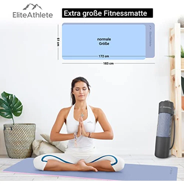 EliteAthlete Yogamatte - Sportmatte - Fitnessmatte - Gymnastikmatte gepolstert & rutschfest für Fitness, Pilates - Yoga Matte - 183 cm x 61 cm x 0.6 cm - Trainingsmatte inkl. Transportgurt + Tasche – Bild 3