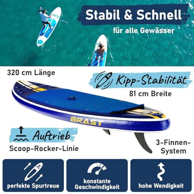 BRAST SUP Board Shark, Aufblasbares Stand up Paddle Set 320x81x15 cm, 200 kg Tragkraft, inkl. 2in1 Paddel, Kajaksitz, Action-Cam-Halterung, 5 Jahre Garantie, 8 Designs – Bild 2