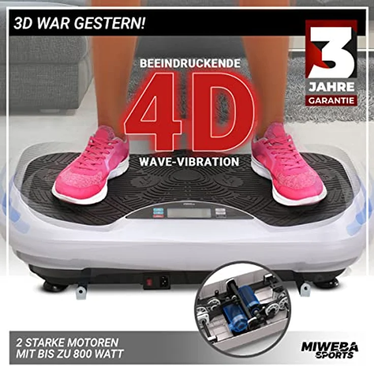 Miweba Sports Fitness 4D Wave Vibrationsplatte MV300 - Armband Fernbedienung - Wave Design - 800 Watt - Bluetooth Lautsprecher - Trainingsbänder - Led - große Trittfläche (Weiß) – Bild 3