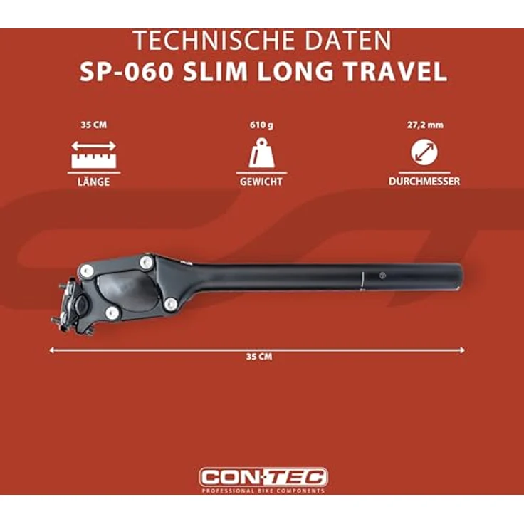 CONTEC Federsattelstütze SP-060 Slim, Parallelogramm, Ø 27,2 mm, 350 mm Länge, 36 mm Federweg, Aluminium, Schwarz für MTB und Tourenfahrrad – Bild 4