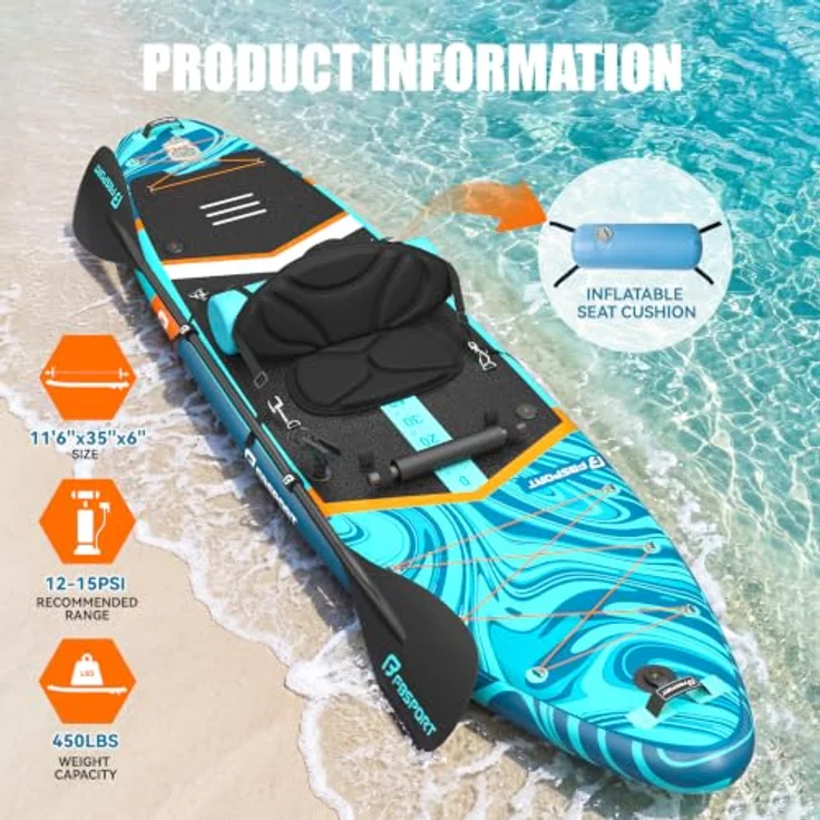 FBSPORT Aufblasbares SUP Board, Stand Up Paddling Board, 15CM dick, inkl. verstellbarem Aluminium SUP Paddel und Pumpe, Blau Orange – Bild 2