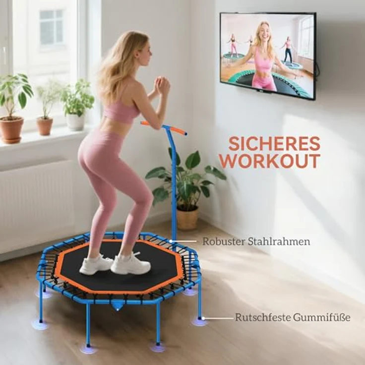 SPORTNOW Fitness Trampolin klappbar Ø128 cm, Mini Trampolin mit 5-stufig höhenverstellbarem Haltegriff, leise Gummiseile, für Indoor und Outdoor Jumping – Bild 5