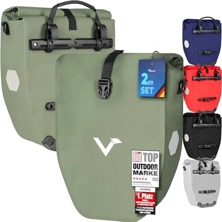 Valkental Gepäckträgertasche - Wasserdichte Fahrradtasche mit 28L Füllvolumen und Reflektoren, Natur Grün – Bild 1