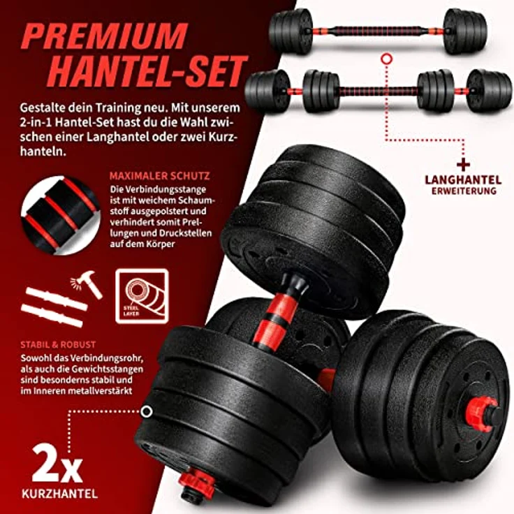 RE:SPORT 2 in 1 Hanteln Set 30 kg | Hantelset verstellbar | Kurzhantel & Langhantel | Sternverschlüsse & Verbindungsrohr – Bild 2